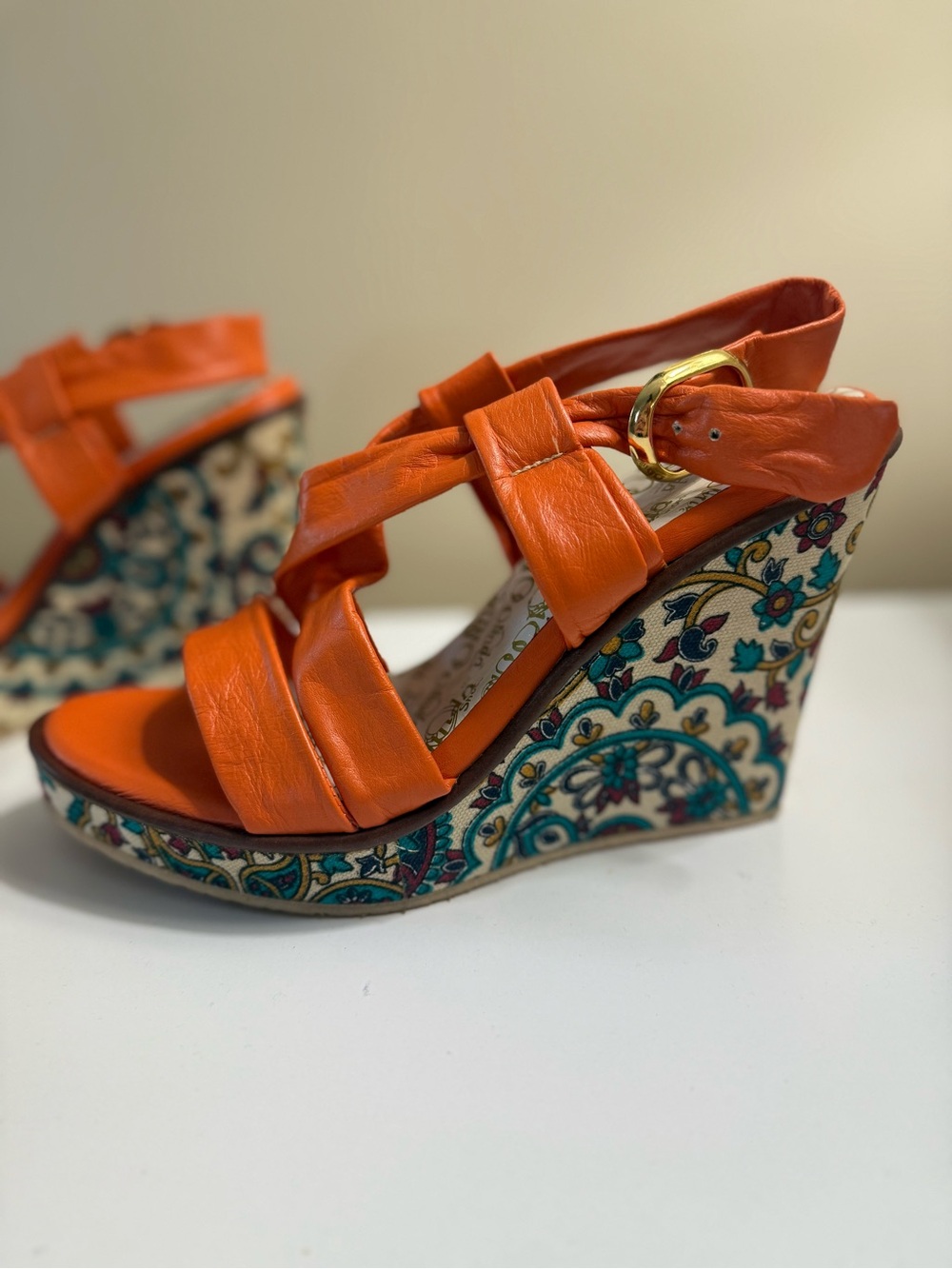 Orange Tapestry Patterned-Platform Wedge Sandals with Cross Straps- Size 8 - Picture 11 of 12